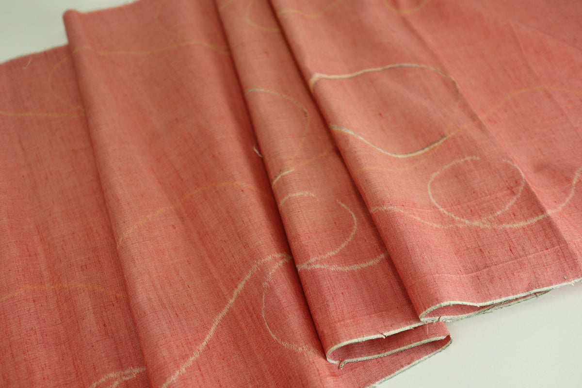 Vintage Japanese Tsumugi Silk Kimono Fabric Panel  - Soft Orange Red Geometric Pattern