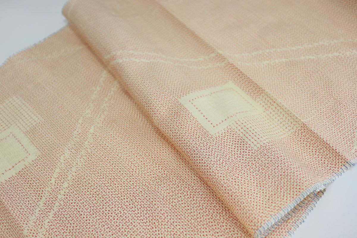 Vintage Japanese Tsumugi Silk Kimono Fabric Panel  - Red and Cream Geometric Pattern