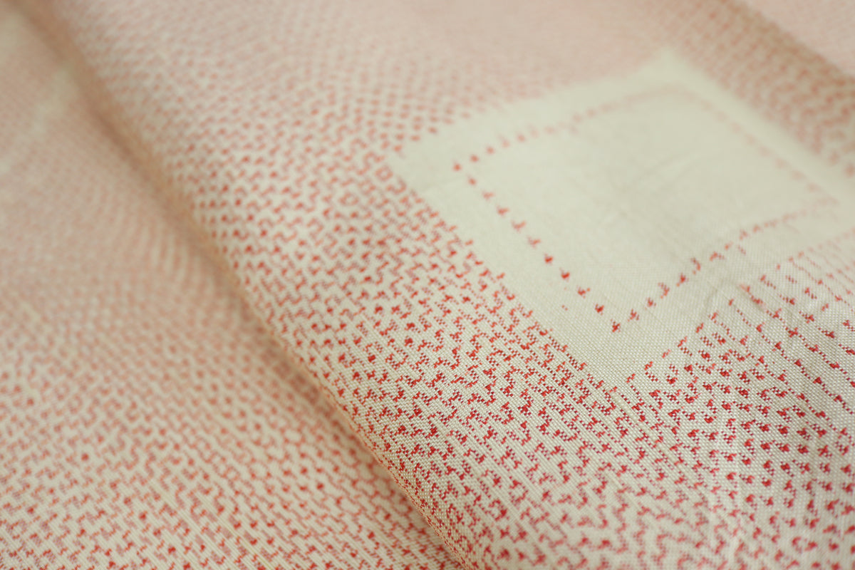 Vintage Japanese Tsumugi Silk Kimono Fabric Panel  - Red and Cream Geometric Pattern