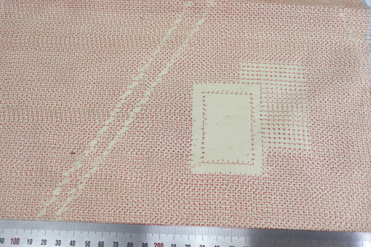 Vintage Japanese Tsumugi Silk Kimono Fabric Panel  - Red and Cream Geometric Pattern