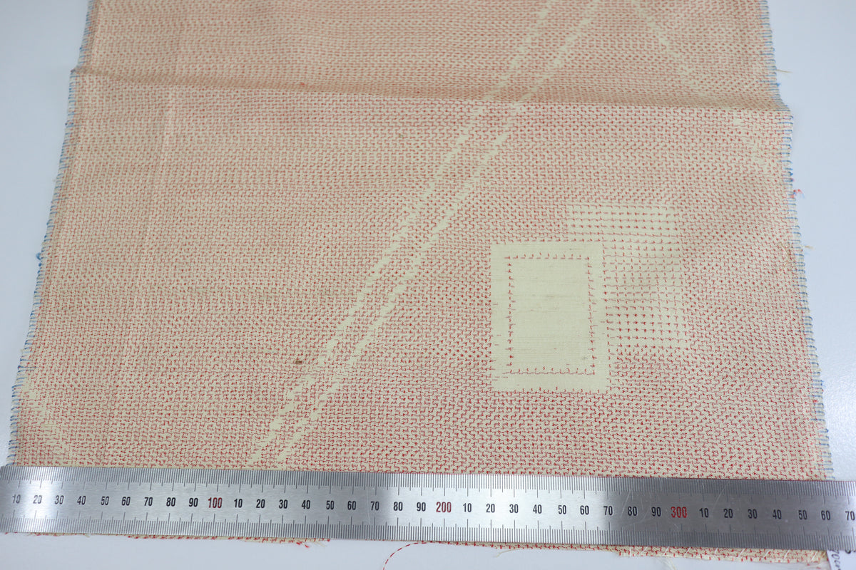 Vintage Japanese Tsumugi Silk Kimono Fabric Panel  - Red and Cream Geometric Pattern