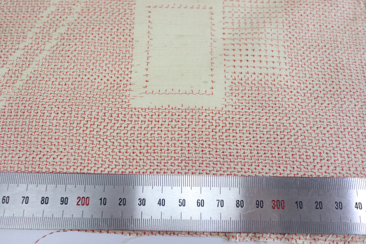 Vintage Japanese Tsumugi Silk Kimono Fabric Panel  - Red and Cream Geometric Pattern