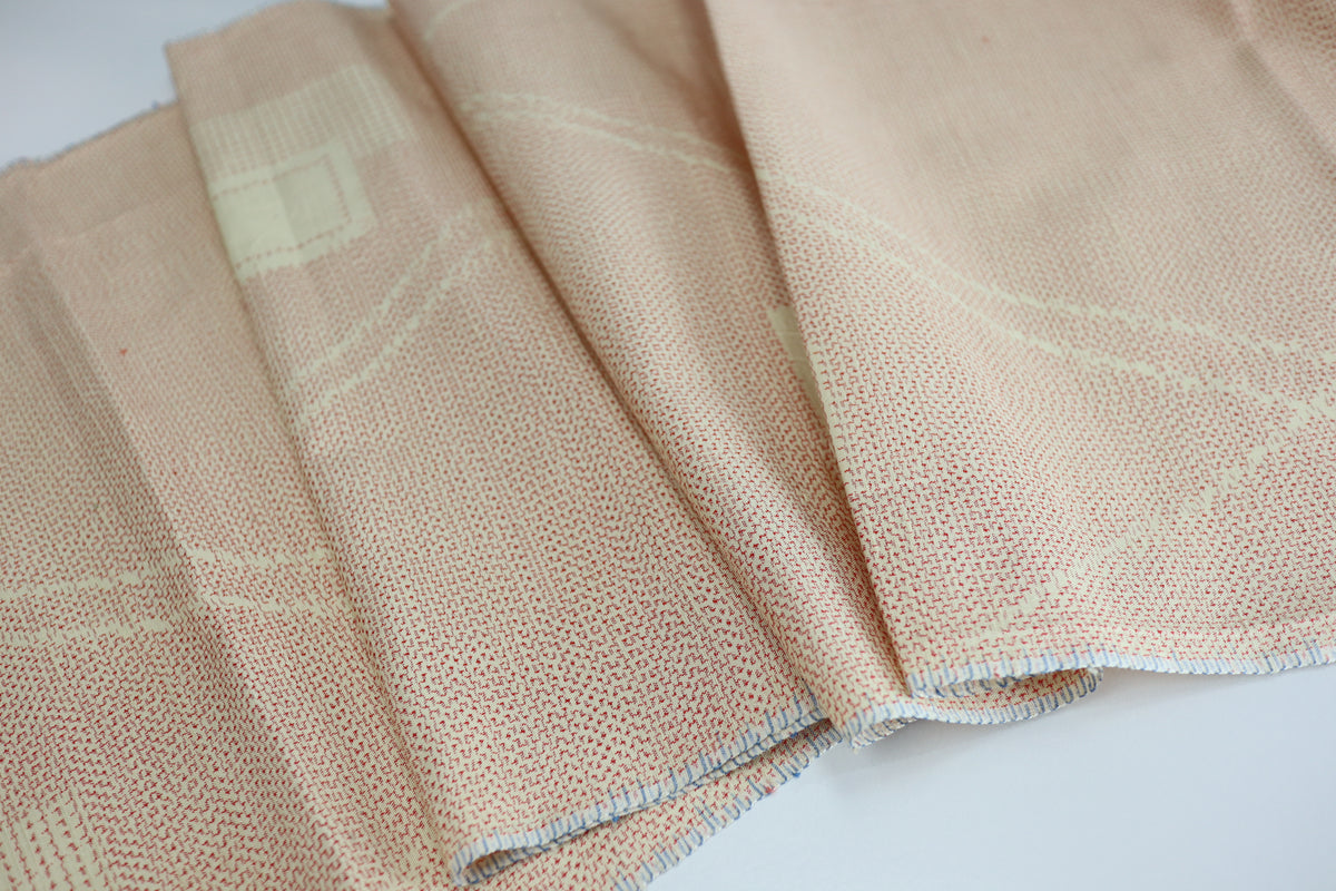 Vintage Japanese Tsumugi Silk Kimono Fabric Panel  - Red and Cream Geometric Pattern