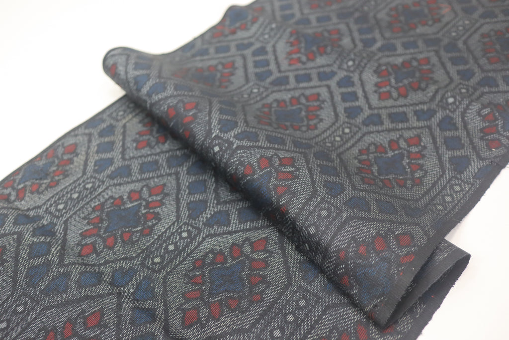 Vintage Japanese Tsumugi Silk Kimono Fabric Panel  - Dark Blue Grey Hexagon Pattern