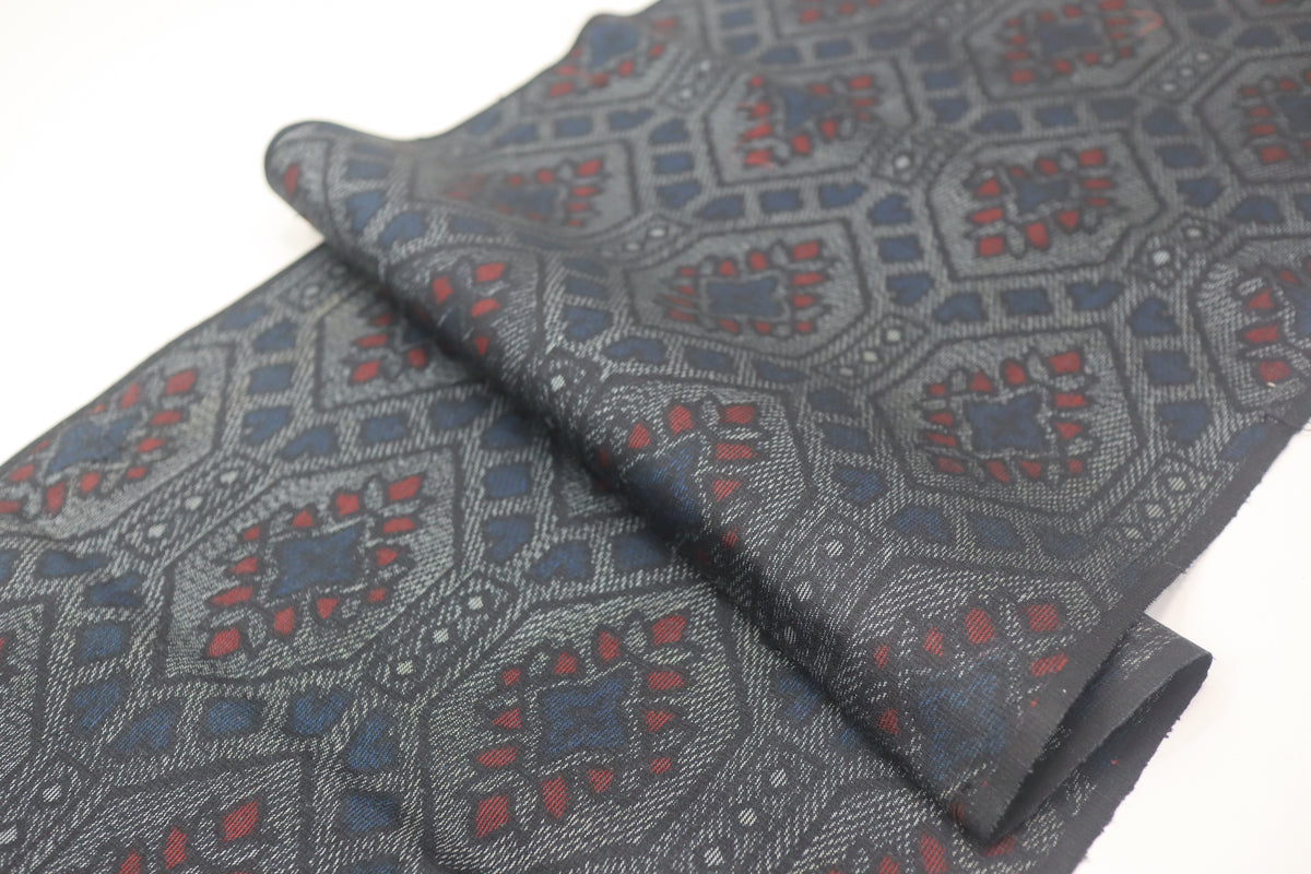 Vintage Japanese Tsumugi Silk Kimono Fabric Panel  - Dark Blue Grey Hexagon Pattern