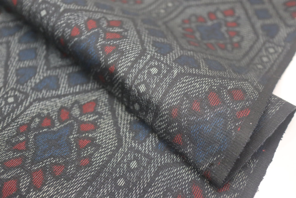 Vintage Japanese Tsumugi Silk Kimono Fabric Panel  - Dark Blue Grey Hexagon Pattern