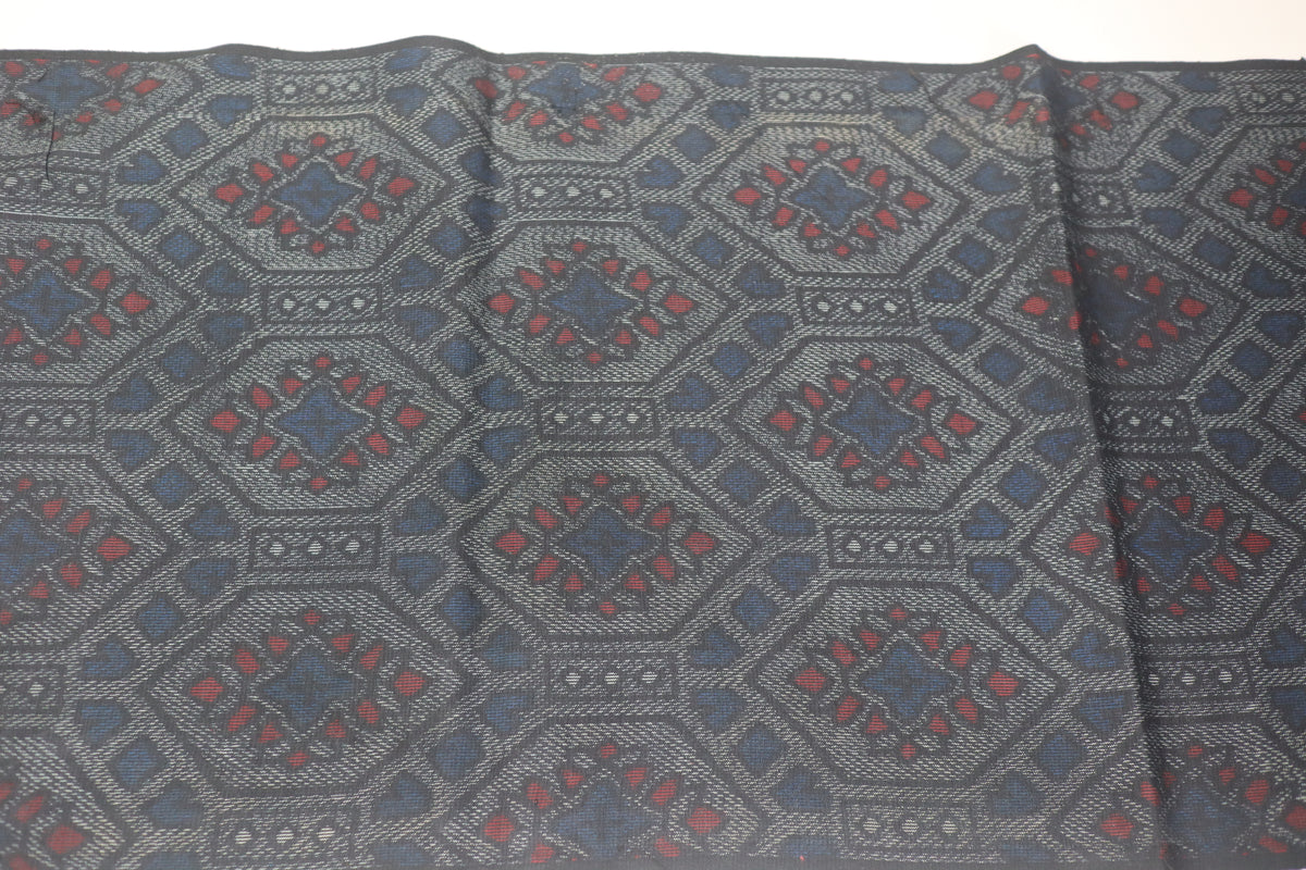 Vintage Japanese Tsumugi Silk Kimono Fabric Panel  - Dark Blue Grey Hexagon Pattern