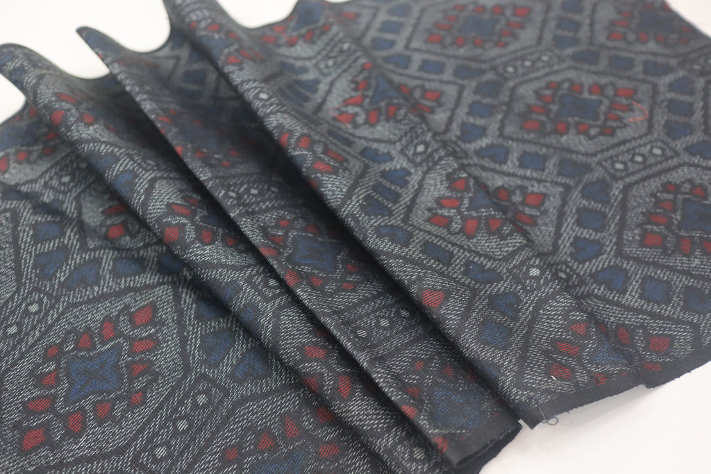 Vintage Japanese Tsumugi Silk Kimono Fabric Panel  - Dark Blue Grey Hexagon Pattern
