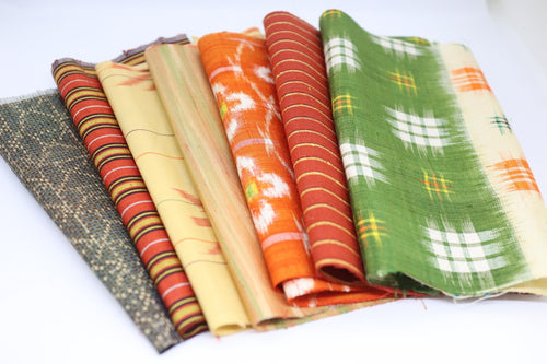 7  Assorted Autumn Colors  Kimono Tsumugi Silk Fabric Scrap Set　AKI
