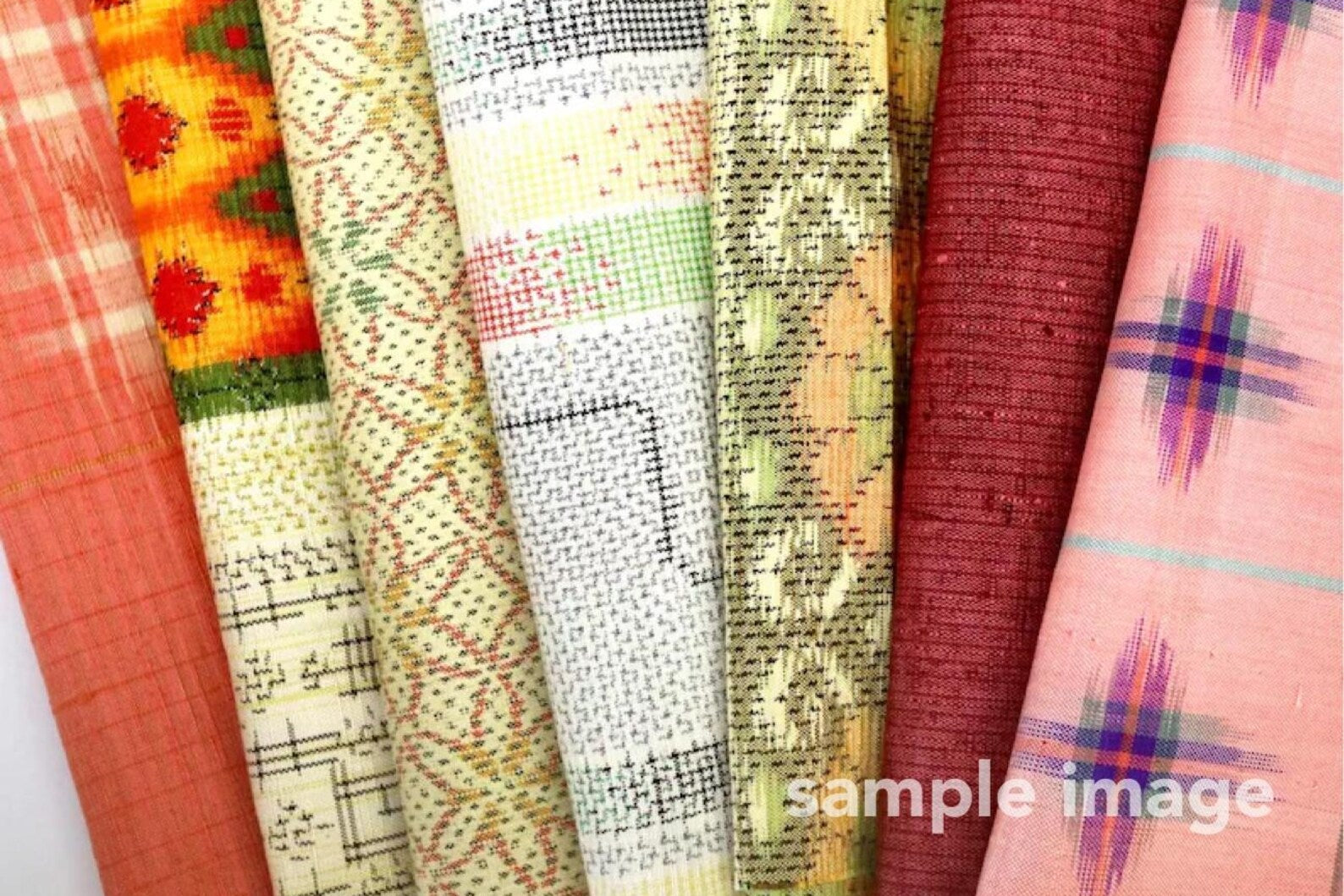 7  Assorted Spring Colors  Kimono Tsumugi Silk Fabric Scrap Set　HARU